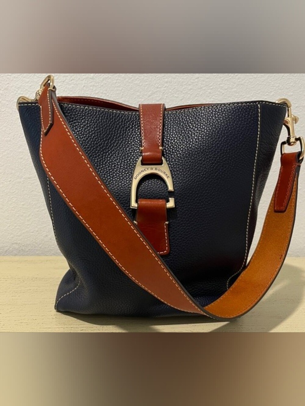 Dooney & Bourke Emerson Brynn Pebbled Navy W/British Tan Leather Hobo Bucket Bag